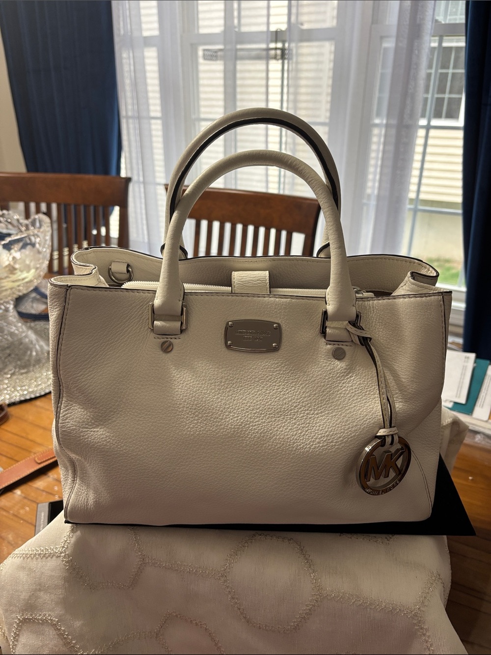 Michael Kors Off-White Pebbled Leather Satchel with MK Charm
